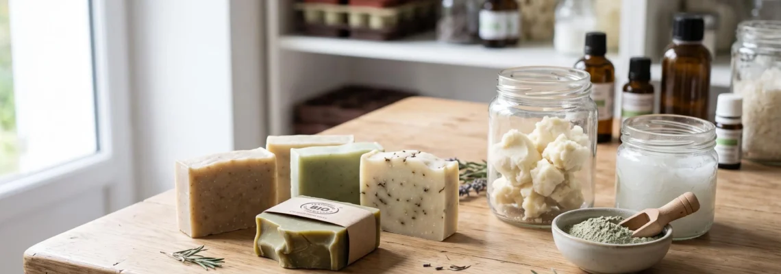 Plan de travail d'atelier de savonnerie artisanale avec savons solides bio naturels, matières premières brutes et label de certification biologique visible