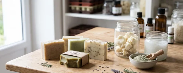 Plan de travail d'atelier de savonnerie artisanale avec savons solides bio naturels, matières premières brutes et label de certification biologique visible